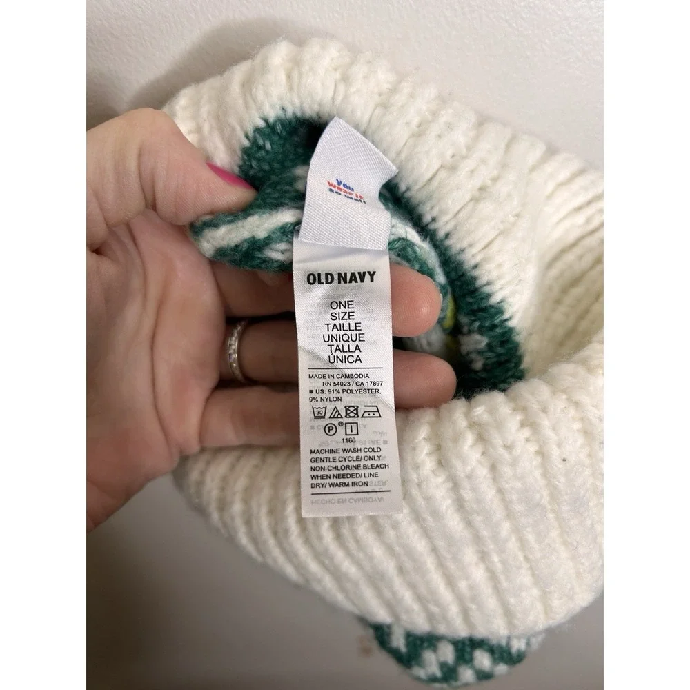 Old Navy White Knit Winter Hat Pom Pom Pink Green Yellow One Size NWT
